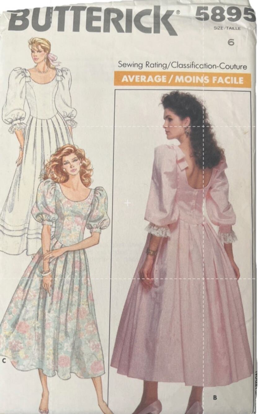 Vintage Butterick 5895 BARBIECORE Dress w Pleated Skirt, Balloon Sleeves Sz 6 UC